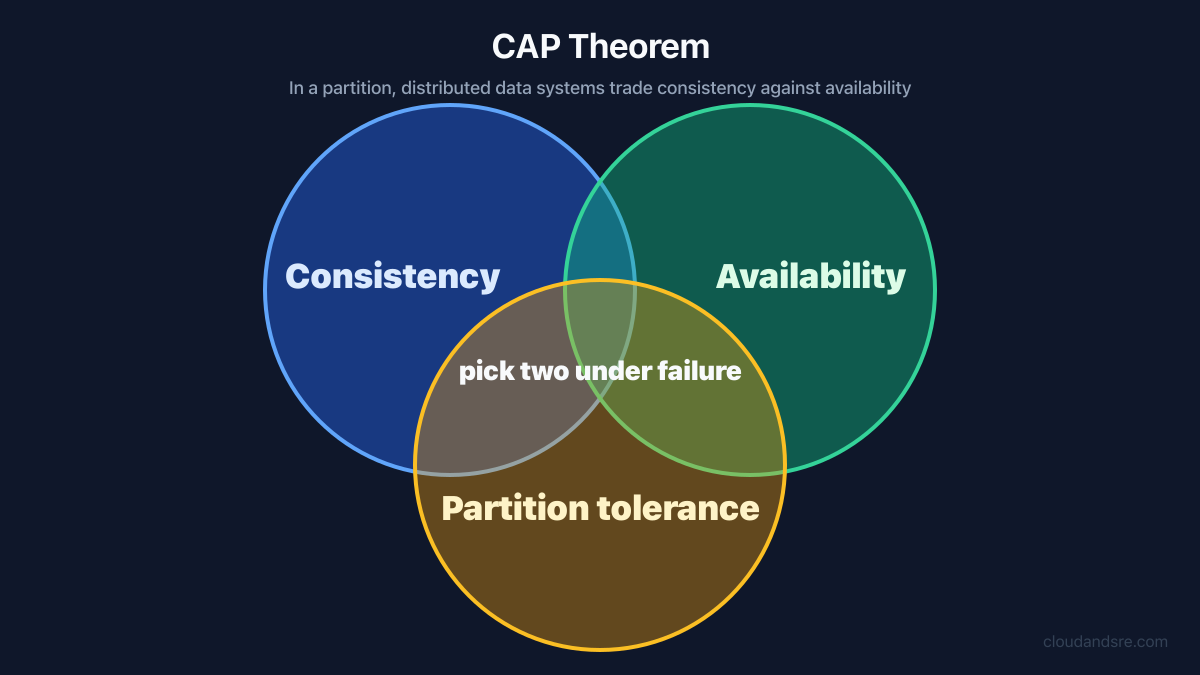 CAP theorem diagram showing consistency, availability, and partition tolerance