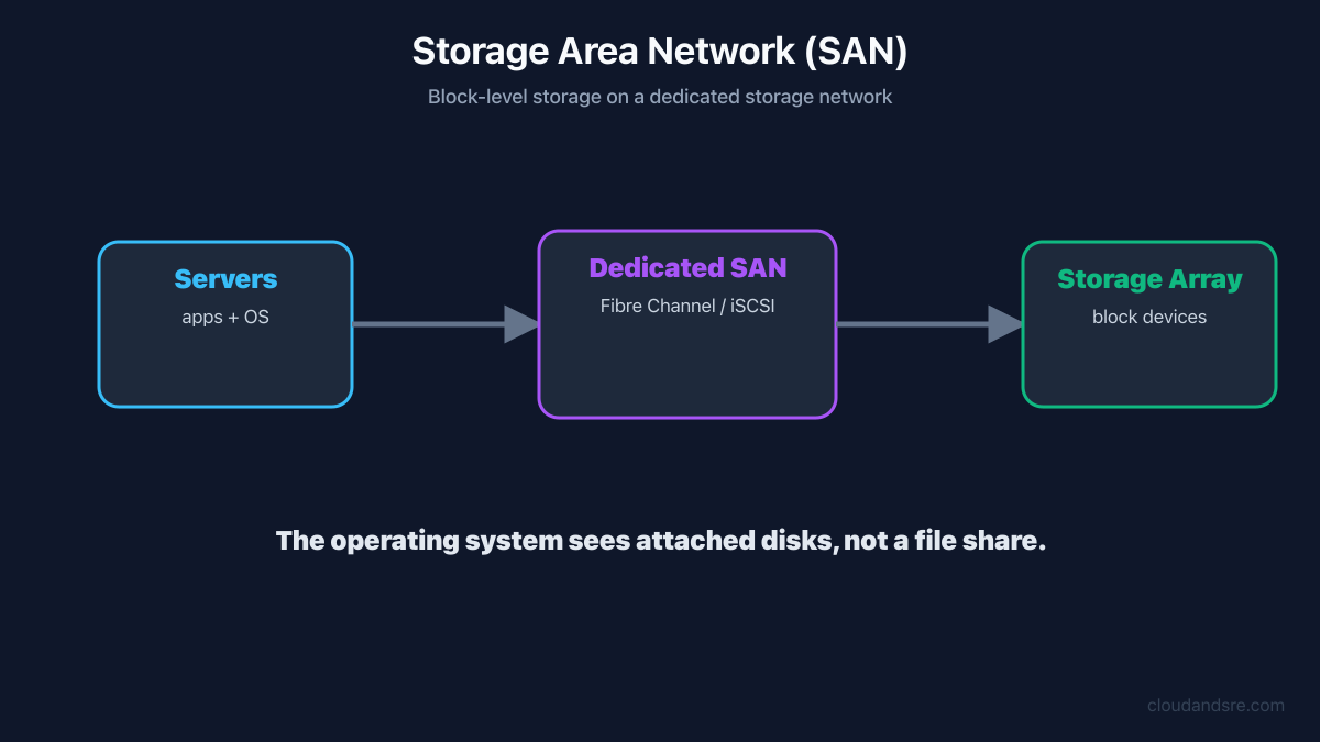 SAN diagram: servers access block storage over a dedicated storage network
